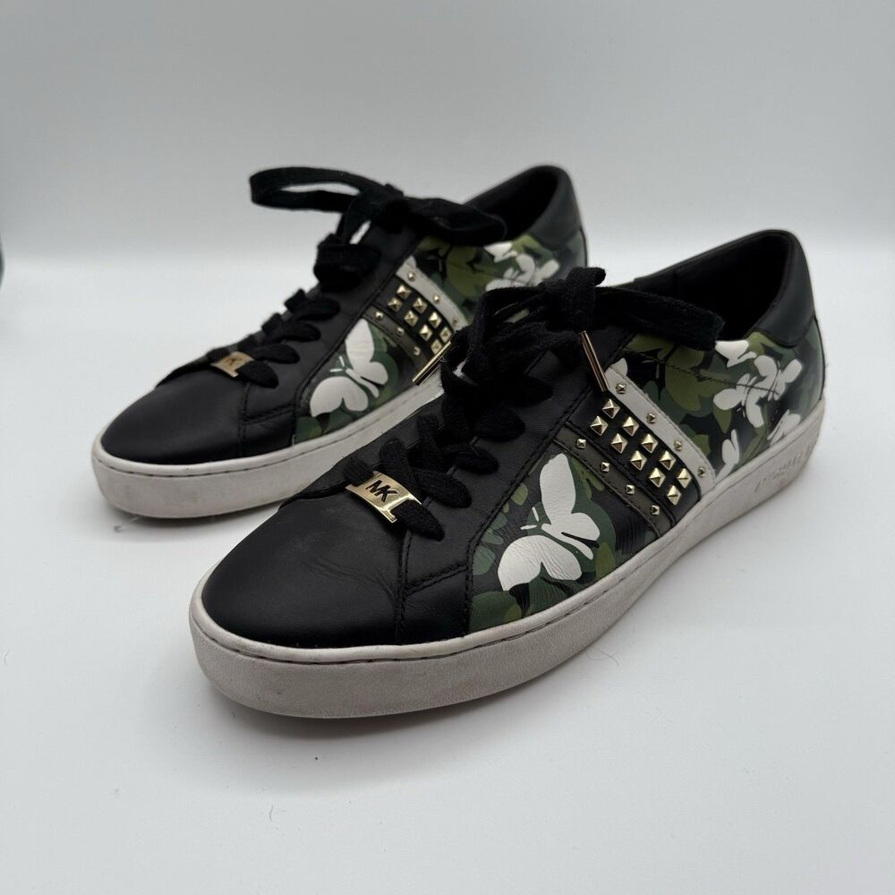 Michael Kors Keaton Butterfly Camo Black and Green Leather Sneakers Size 9m